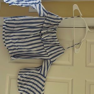 Blue and white stripped off shoulder flare sleeved dress shirt